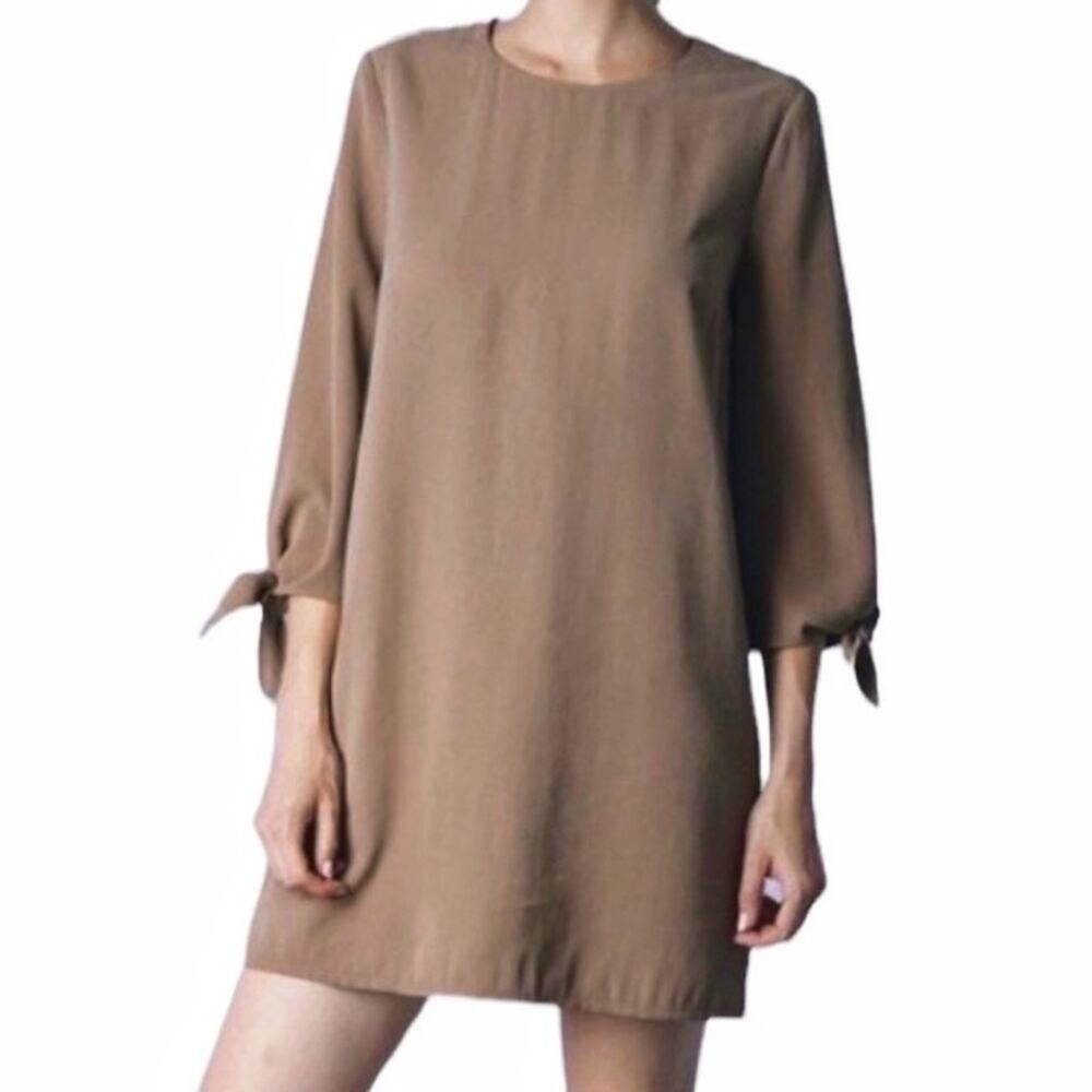 DO+BE Elisabeth Brown Tie Sleeve Short Shift Tunic Top Dress, Size Medium